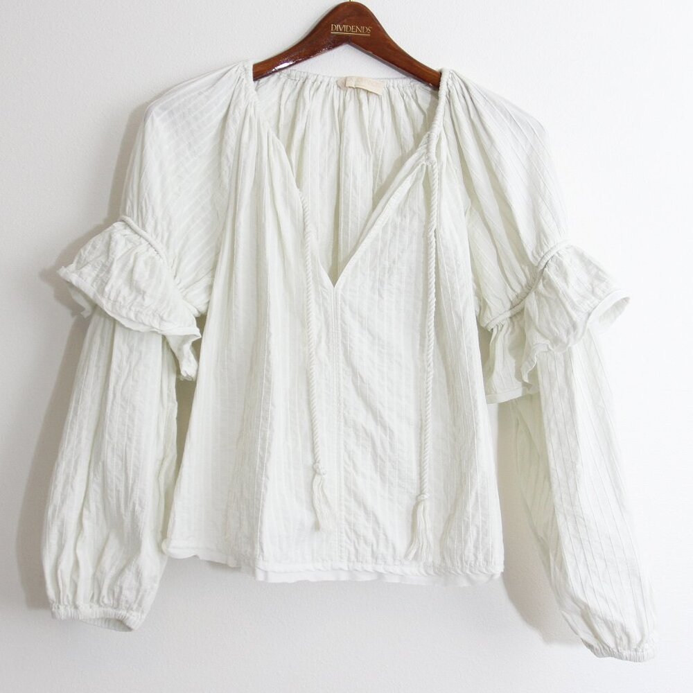 Ulla Johnson Tie-Front Puff-Sleeve Blouse 100% Cotton Ribbed White Size 0